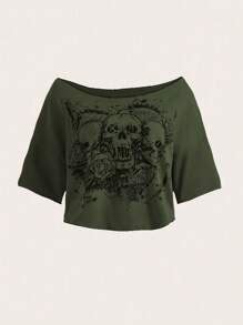 ROMWE Grunge Punk Skull & Floral Print Boat Neck Crop Tee, School ...