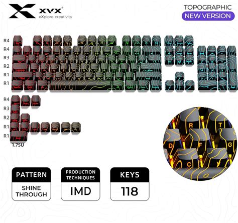 PREMIUM Black Topographic Shinethrough OEM Profile IMD Tech Keycap Set ...