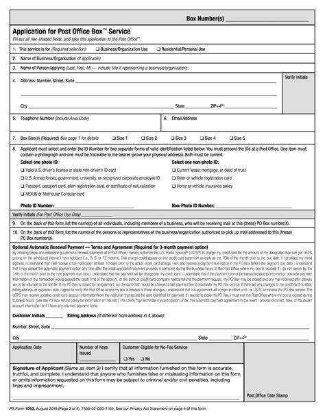 PS Form 1093. Application for Post Office Box Service – Document Template