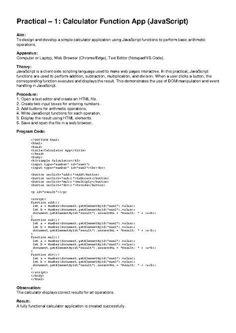 JavaScript 3 Practicals: Calculator & Input Validation Guide - Studocu