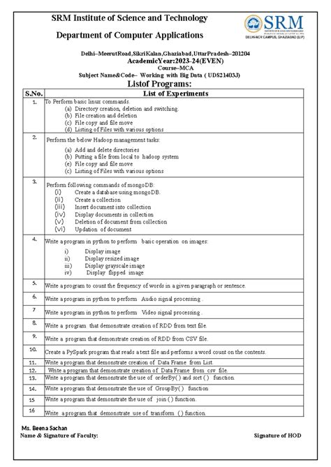 List of Programs Format working with Big data - SRM Institute of ...