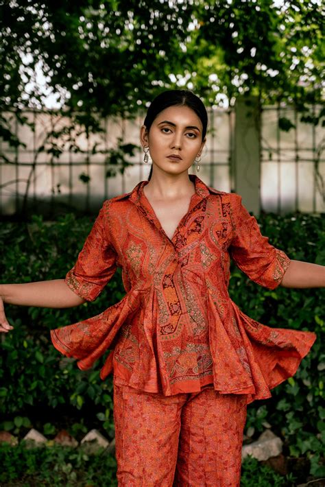 Orange Godet Paneled Shirt Co-ord Set – Siva