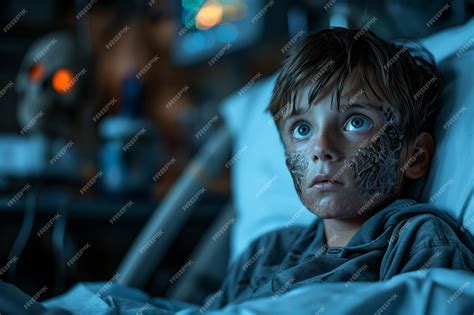 Young boy with distinctive markings lying in hospital bed at night ...