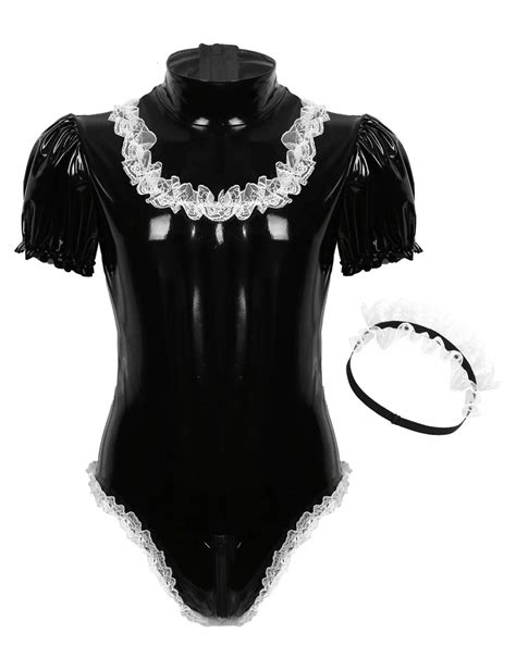Buy Oyolan Mens Sissy Wet Look Lace French Maid Thong Bodysuit Roleplay ...
