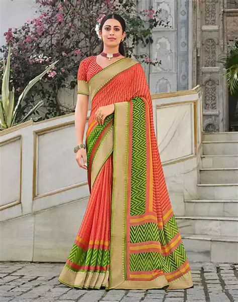 Brasso Fabric Peach Coloured Saree – South India Shopping Mall