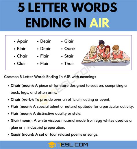 5 Letter Words Ending in AIR (12 Words in English) • 7ESL