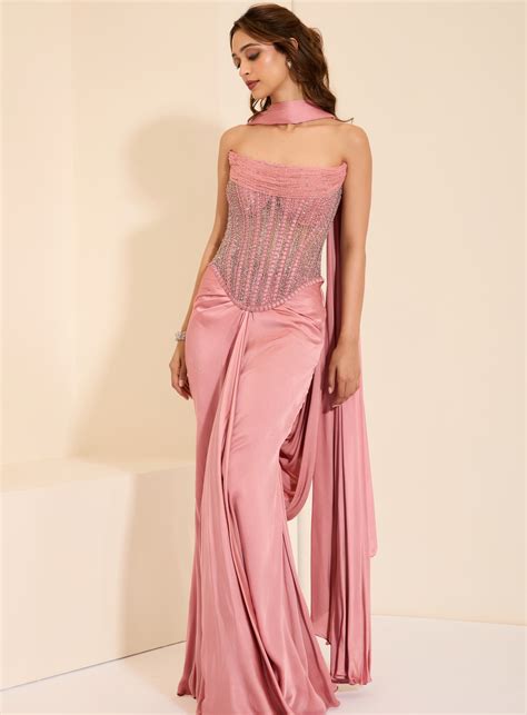 Dark Maroon Cross Body Blouse With Drape Saree & Embellished Cape – K&A ...