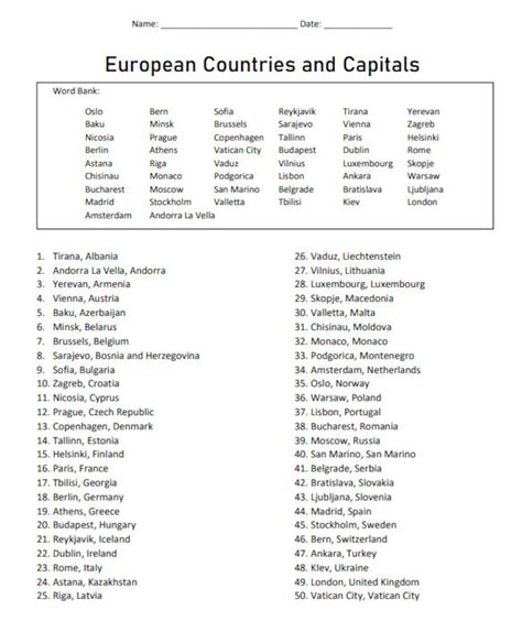 European Countries and Capitals - Homeschool Printable - Geography - 8. ...