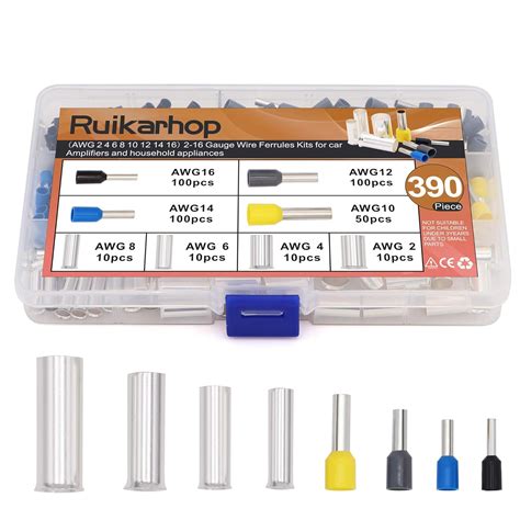 Ruikarhop 390pcs AWG (2 4 6 8 10 12 14 16) Wire Ferrules Kits Crimp ...