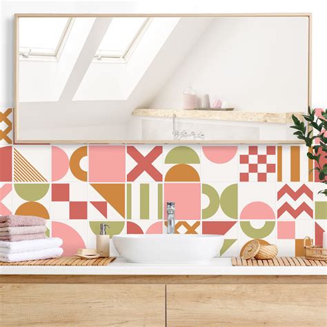 Panneau mural pour salle de bain - Carreaux formes géométriques rose et ...