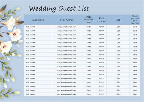 Wedding guest list template 6 | ONLYOFFICE | ONLYOFFICE