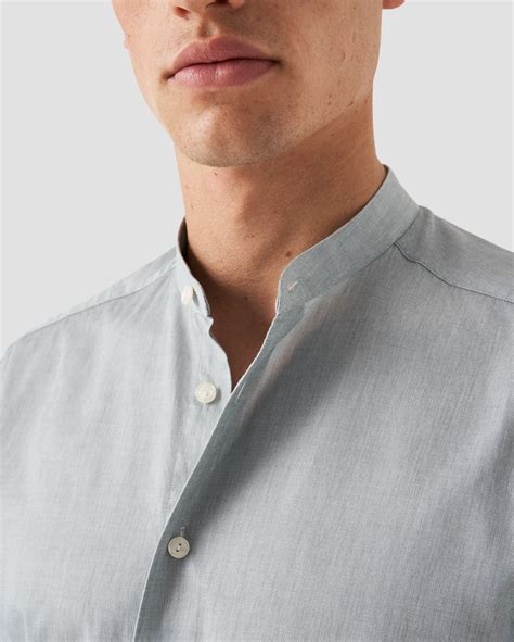 Mid green Solid Twill Band Collar Shirt - Eton