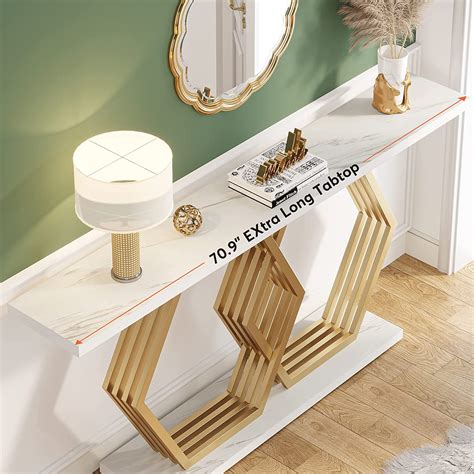 Console Table, 178 CM Faux Marble Entryway Table with Geometric Metal ...