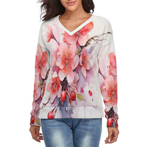 Cherry Blossom Pink V-neck Sweater Winter Clothes Long Sleeve Knitwear ...