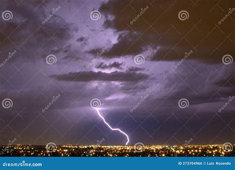 Lightning Streak from a Thunderstorm Cloud at Night in a Rural Setting ...