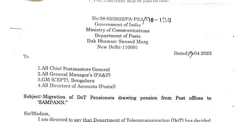 Migration of DoT pensioners drawing Pension from Post office to ...
