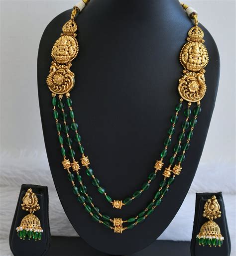 Antique gold tone green beaded multi layer lakshmi short haar set dj-5 ...