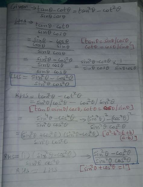 Prove that : tan θ–cot θ /sin θ cos θ = tan²θ–cot² θ. - Brainly.in