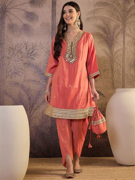 Mirror Work A-Line Kurta with Dhoti Pant & Bags Kurta Set – Bunaaiwalaa