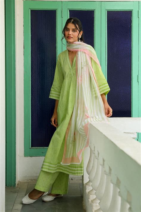 Buy Lime Green Printed Women's Suit Set with Floral Dupatta – INCHING INDIA