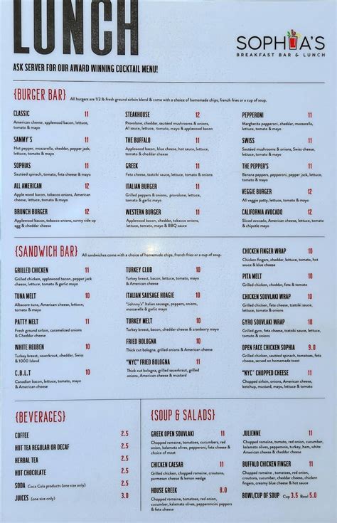 Menu at Sophia's Restaurant, Buffalo