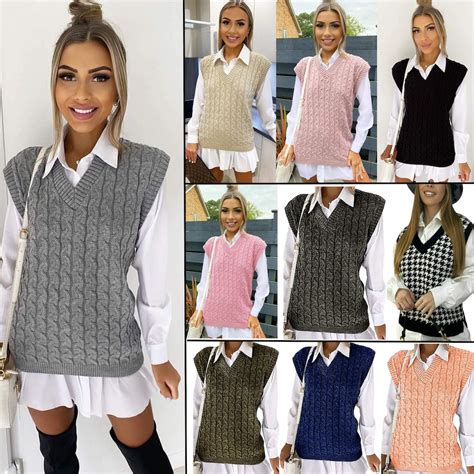 Womens Ladies Cable Knit Sleeveless Vest Knitted Jumper Tank Top Winter ...