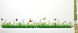 wallmonks PVC Vinyl Grass and Butterflies Wall Stickers (Multicolour ...