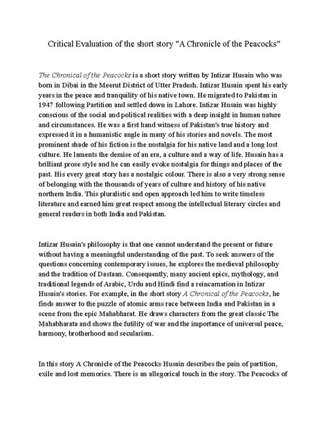 Critical Evaluation of the short story A - Intizar Husain spent his ...