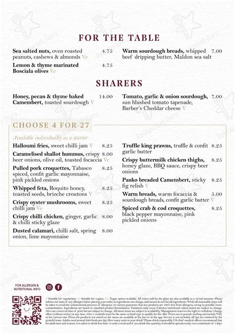 Menu at Warbler on the Wharf pub & bar, Milton Keynes