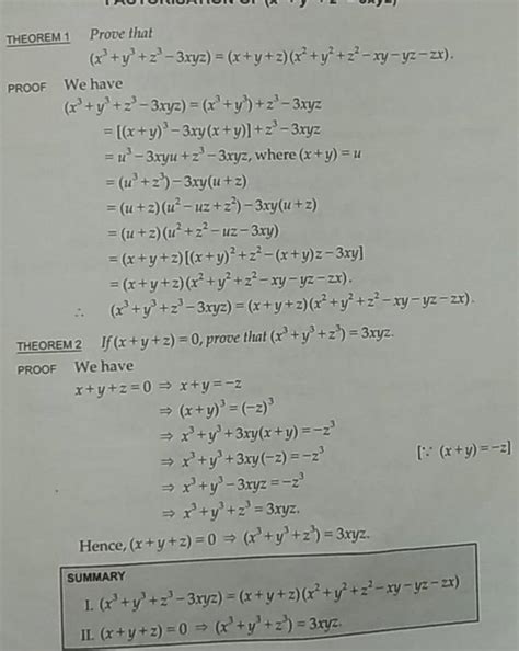 THEOREM 1 Prove that (x3+y3+z3−3xyz)=(x+y+z)(x2+y2+z2−xy−yz−zx). PROOF W..