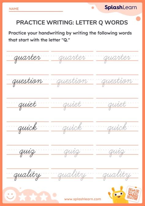 Cursive Writing: Letter Q Words — Printable ELA Worksheet