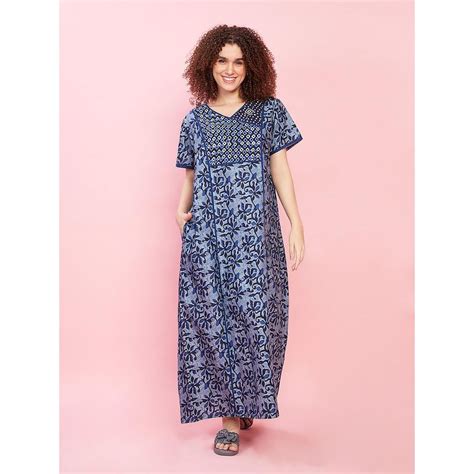 Buy evolove Navy Blue Vibrant Bliss Cotton Nighty Online