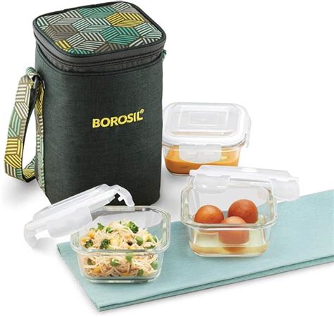 Buy Borosil - Food Luck Glass Lunch Box Set of 3, 320ml, Square, Olive ...