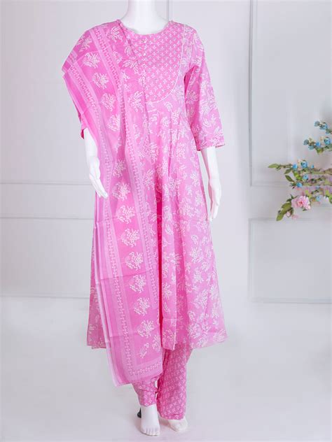 Women Pink Cotton Printed Kurti Set EKS75