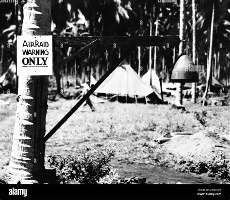 Air raid warning bell at Henderson Field, Guadalcanal, circa in 1943 ...