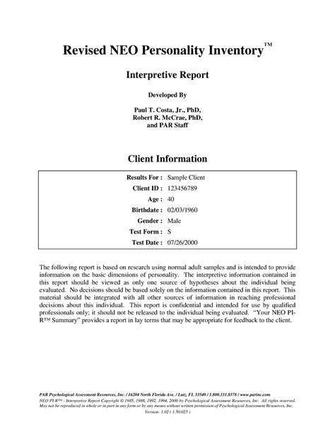 NEO PIR IR Sample Report - PAR Psychological Assessment Resources, Inc ...