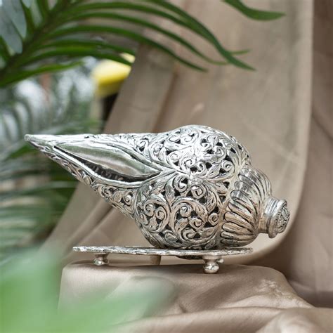 Handcrafted German Silver Carved Shankh with Stand | The Zappy Box