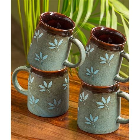 Buy ExclusiveLane Ceramic Coffee Mugs Set of 4 | 'Leaf Sips' Handglazed ...