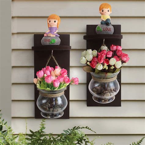 TIED RIBBONS Wood Wall Shelf with Vase and Artificial Flowers (11.99 cm ...