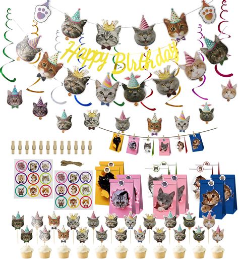 Buy Cat Party Supplies, HAPPY BIRTHDAY and Cat Face Banner, 40 Macaron ...