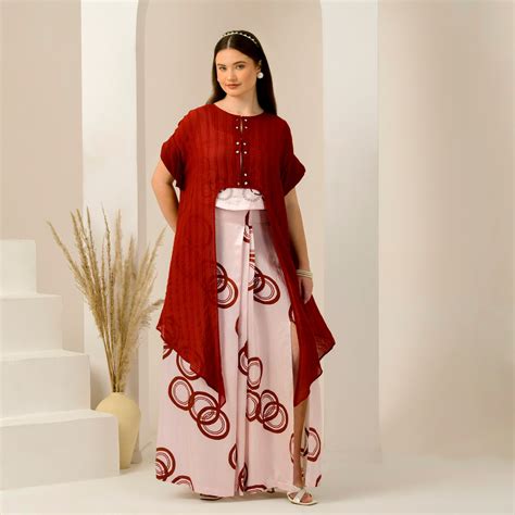 Pink and Red Hand Embroidered Cover-Up and Crop Top with Powerful Prin ...