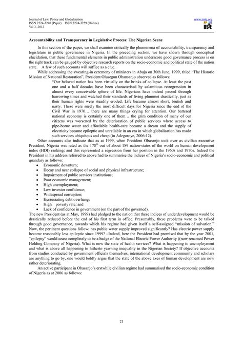 Accountability and transparency in legislative process in nigeria a ...