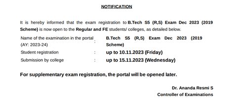 KTU Exam Registration: B.Tech S5 (R,S) Exam Dec 2023 (2019 Scheme ...