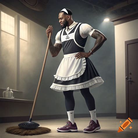 A man resembling Lebron James in a black and white maid costume stands ...