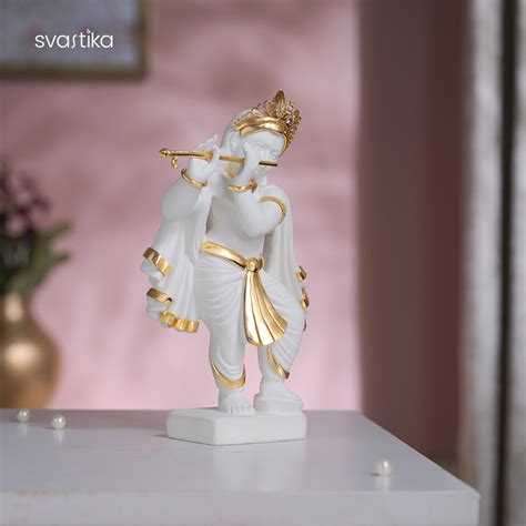 Elegant White & Gold Lord Krishna Idol Playing Flute (8.25 Inch)