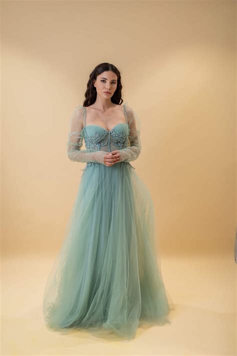 Küf Transparan Uzun Kol Şifon Helen Su Yeşili Abiye Elbise - Egelin ...