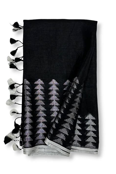 Lavana - Black Handwoven Pure Linen Saree | Linen World