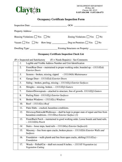 Fillable Online clayton oh Occupancy Certificate Inspection Form ...