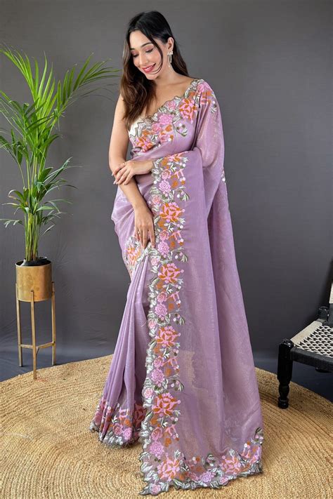 Buy Wisteria Purple Embroidered Party Wear Saree Online - MySilkLove