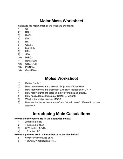 Stoich Basics - Molar Mass Worksheet Calculate the molar mass of the ...